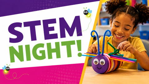 PBS Kids poster for "STEM Night," featuring a colorful background with science-themed icons, a mechanical bird illustration, and vibrant greens and blues.