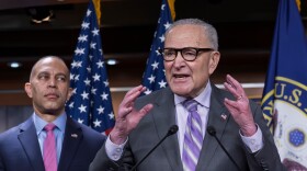 Senate Minority Leader Chuck Schumer, D-N.Y., center, speaks during a news conference as House Minority Leader Hakeem Jeffries, D-N.Y. listens, at the Capitol in Washington, Wednesday, Feb. 4, 2026.