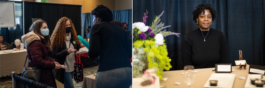 Latasha Beckett of Southern Belle Pastry hands out tastings during the Great Bridal Expo, "ecstatic" that the wedding business has picked up again, after two years of little to no business.