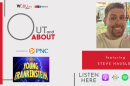 Promotional graphic for WCBU NPR’s “Out and About” podcast, presented by PNC. The design features the phrase “It’s Alive! at Peoria Players” and artwork for the musical Young Frankenstein. On the right is a smiling man taking a selfie in front of a fountain, labeled “featuring Steve Hausler.” At the bottom are icons indicating the show is available on podcast platforms.