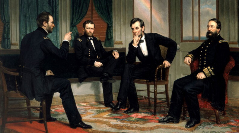 Detail of the White House copy of the lost 1868 painting. Sherman, Grant, Lincoln, and Porter aboard the River Queen on March 27th & March 28th, 1865.