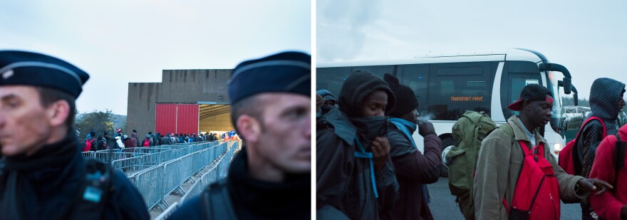 (Left) French security forces stand guard at the entrance to a facility for registering migrants outside The Jungle. (Right) A bus arrives as people queue to register for relocation.