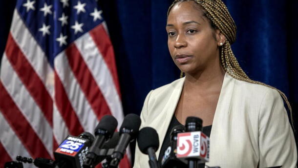 Attorney General Andrea Campbell announces the release of the state's investigation into clergy sexual abuse in the Worcester, Fall River and Springfield dioceses on Sept. 30, 2026. (Robin Lubbock/WBUR)