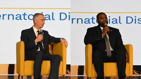 Florida gubernatorial candidates, Democrat David Jolly (left) and Republican U.S. Rep. Byron Donalds speak during WLRN'S Sunshine Economic Summit on Sept. 23 in Fort Lauderdale.