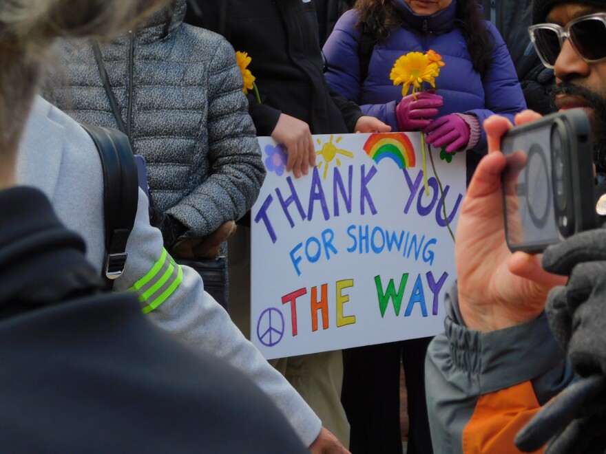Several spectators made homemade posters and "Walk of Peace" merchandise for the event, showing their gratitude for the monks' journey.