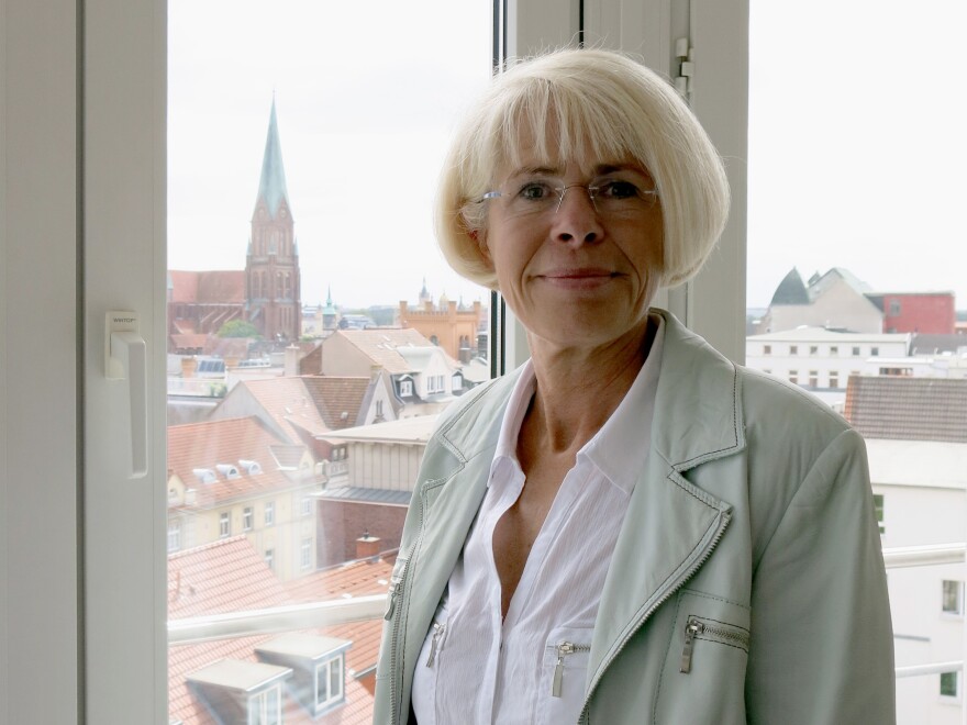 Schwerin Mayor Angelika Gramkow favors keeping the Lenin statue and fought in court against protesters who covered its head with a hood during a three-hour protest on June 17.