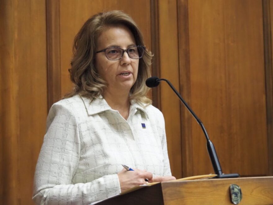 Rep. Michelle Davis, R-Whiteland, speaks before the House Education Committee in 2025.