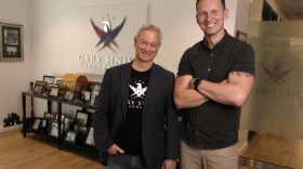 Gary Sinise, left, and CreatiVets executive director Richard Casper, right, pose for a photo in the Gary Sinise Foundation offices on Thursday, Sept. 10, 2025, in Franklin, Tenn.