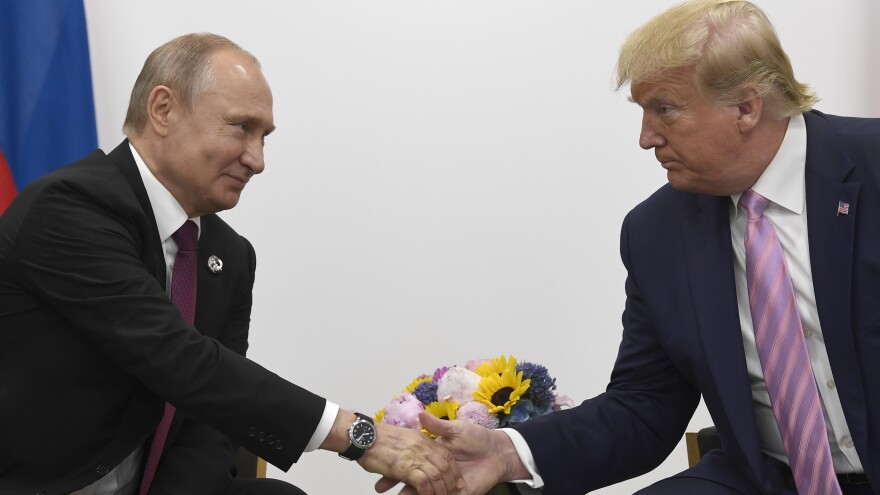 President Trump shakes hands with Russian President Vladimir Putin during a meeting on the sidelines of the Group of 20 summit in Osaka, Japan, in June 2019.