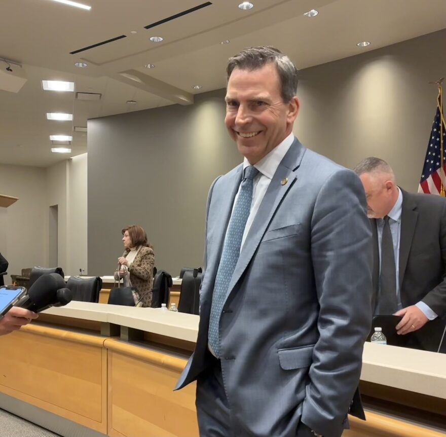 Rep. Toby Overdorf speaks to reporters after a property tax meeting on Nov. 20, 2025.