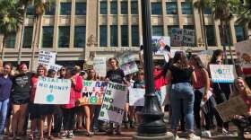 About 100 people participate in a climate strike outside of Jacksonville's City Hall on Friday.BRENDAN RIVERS / WJCT NEWS