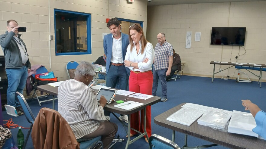 Gov. Sanders requests a republican ballot at the Dunbar Community Center Tuesday.