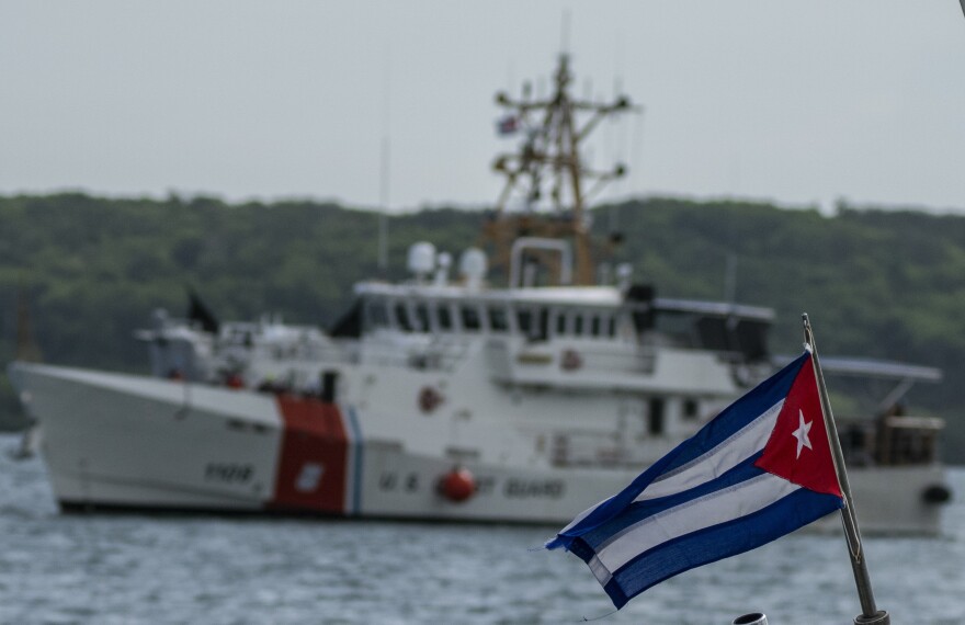 FILE - In this June 29, 2021 file photo, a Cuban flag from a Cuban Border Patrol boat