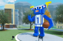 A blue bull standing with a basketball.