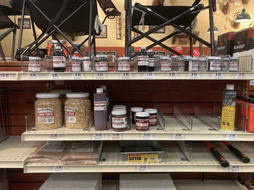 The trapper section of the Bass Pro Shop in Hooksett, New Hampshire, where you can buy coyote urine, red fox urine, and more.