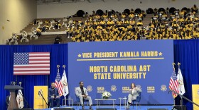 Vice President Kamala Harris participated in a moderated discussion on issues ranging from environmental justice to voting rights with EPA Administrator Michael Regan (center) and actor Terrence J (left) at N.C. A&T on Friday, September 15. BETHANY CHAFIN/WFDD
