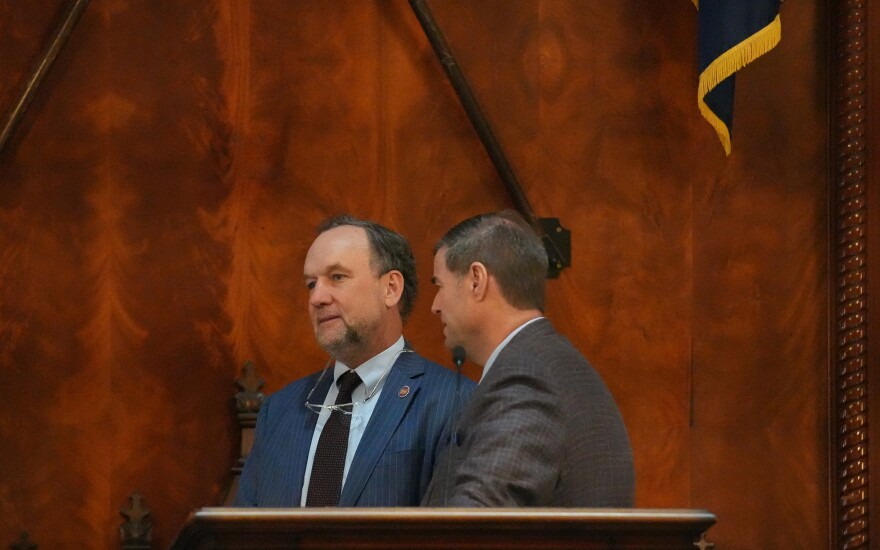 House Speaker Murrell Smith, R-Sumter, and House Ways and Means Committee Chairman Bruce Bannister, R-Greenville, in the House chamber at the Statehouse on March 5, 2026.