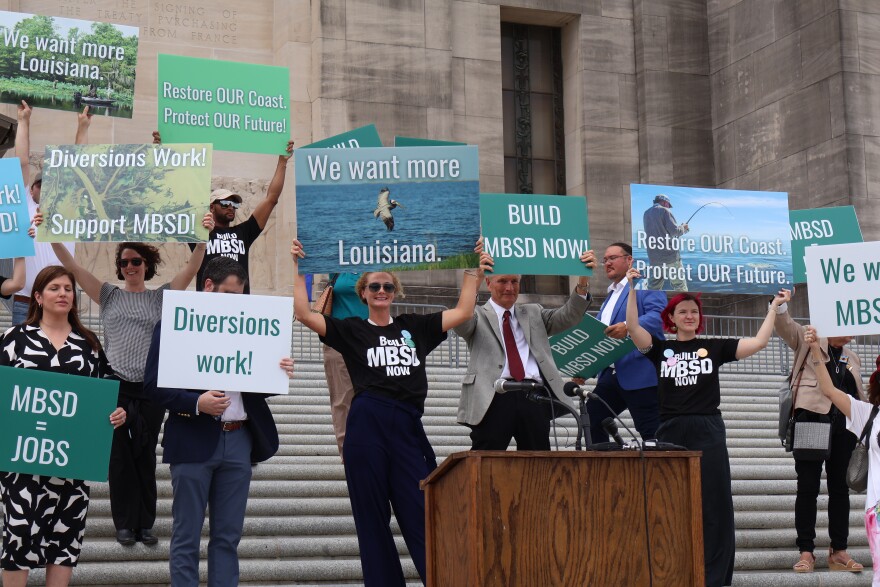 Advocates and supporters of the Mid-Barataria Sediment Diversion project rallied Monday, May 12, 2025, on the State Capitol steps. The project has now officially been canceled.