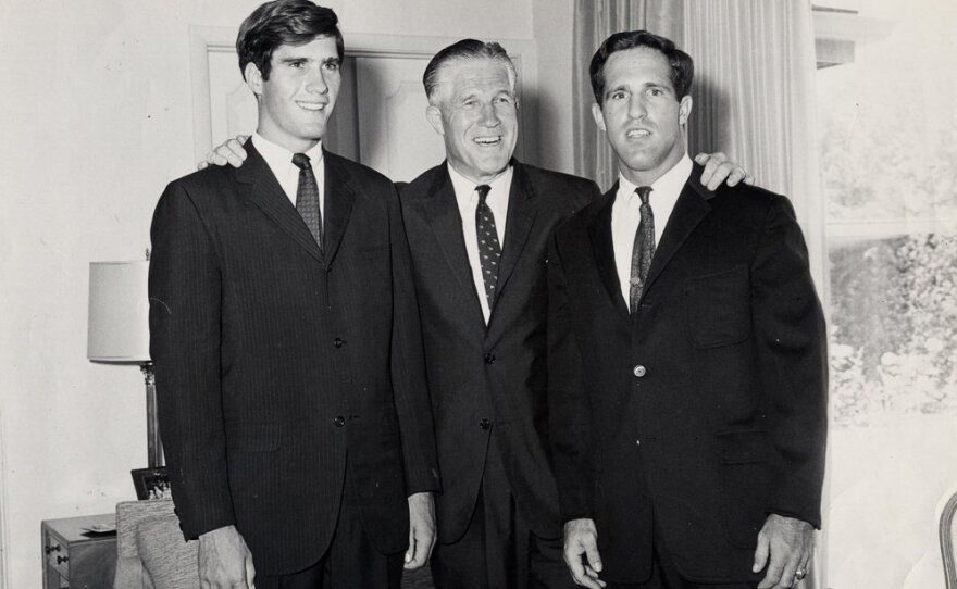 George Romney with his two sons, Mitt (left) and Scott, in an undated photo from their home in Bloomfield Hills, Mich.