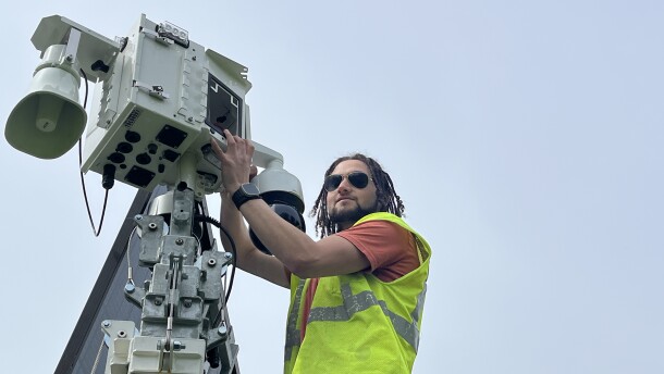 Quentin Newcomb with Security 101 installs a mobile Live Video Trailer surveillance unit on Friday, May 22, 2026, at Ontario Beach Park.