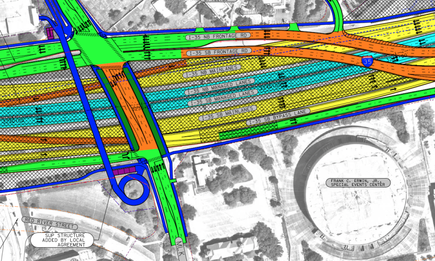 A schematic showing the frontage roads crossing I-35 north of 15th Street and reaching the east side of I-35 before the Martin Luther King Jr. Boulevard bridge over the highway.
