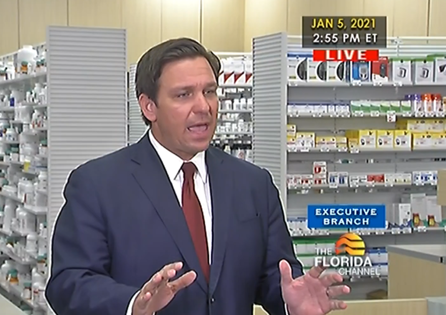 Gov. Ron DeSantis announced a pilot program Tuesday to provide the coronavirus to seniors at Publix pharmacies in Marion, Citrus and Hernando counties. Image: Florida Channel video