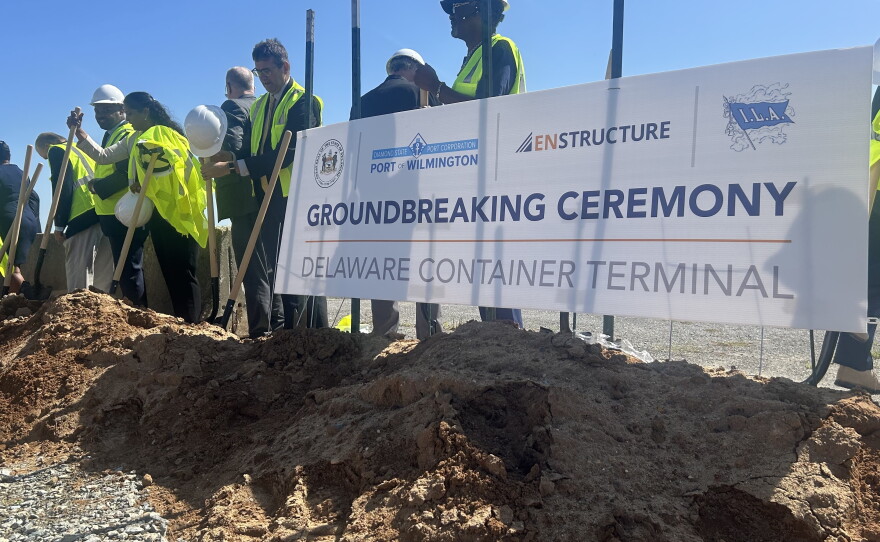 Ronald “Kimoko” Harris (right) and Gov. Matt Meyer at the Edgemoor groundbreaking. Harris, the Business Agent for the International Longshoreman’s Association Local 1883, is on the DSPC.