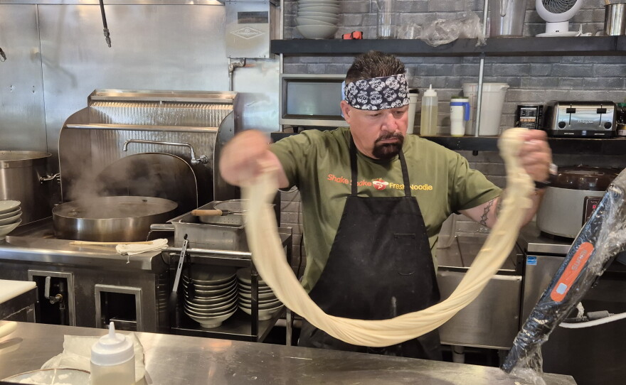 The dough gets worked, then rested, three times.