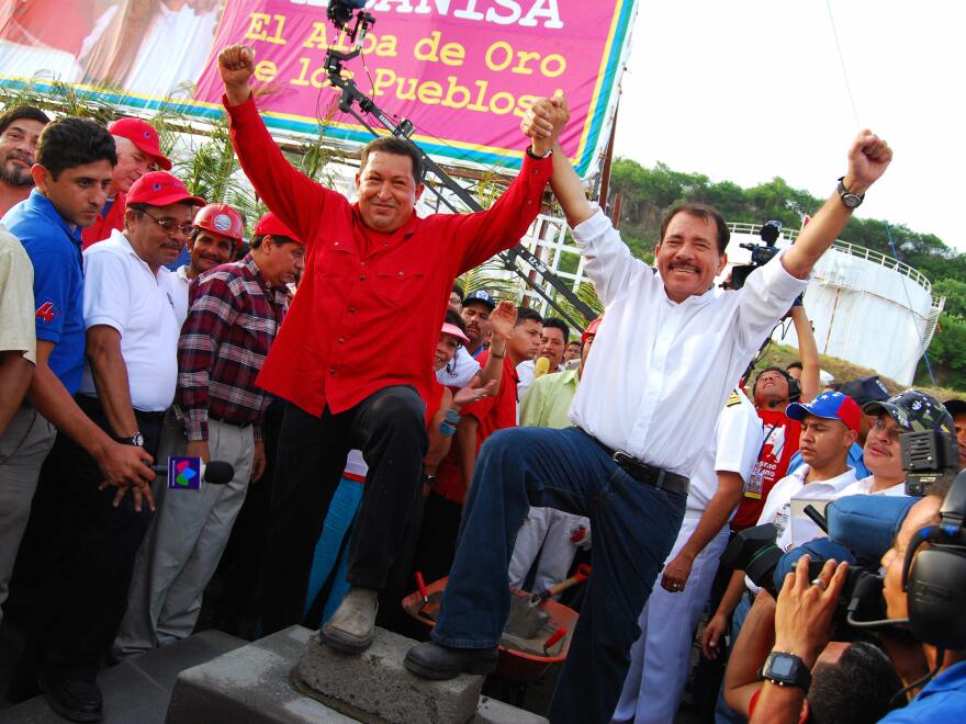 Chavez celebrates a new oil refinery with Nicaraguan President Daniel Ortega in 2007. Nicaragua repays Venezuela for its oil with sugar, coffee and other goods.