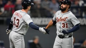 Detroit Tigers' Riley Greene (31) is congratulated by Dillon Dingler (13) after hitting a home run in the fourth inning of a baseball game against the Cleveland Guardians in Cleveland, Thursday, Sept. 25, 2025.