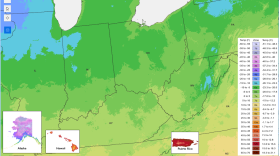 close up of a map of ohio, kentucky and indiana in shades of green and yellow with the hardiness scale on the side