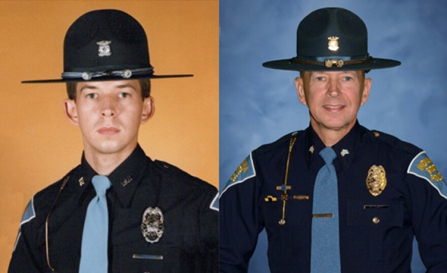 Indiana State Police Trooper Todd Ringle early in his career (left) and later (right)