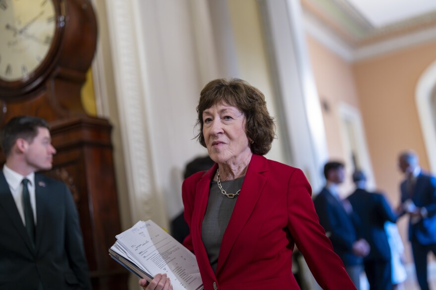 Sen. Susan Collins, R-Maine, chair of the Senate Appropriations Committee, walks to the chamber following a closed-door Republican meeting with OMB Director Russell Vought at the Capitol in Washington, Tuesday, July 15, 2025.