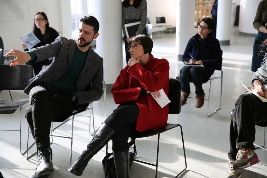 Architecture professor Diana Agrest evaluates her students' work during a class critique at Cooper Union in New York.