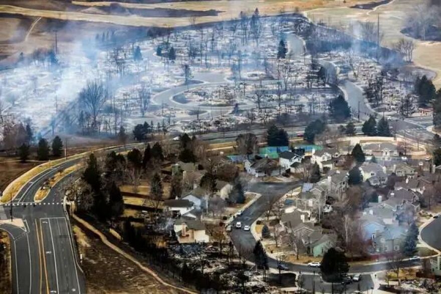 VOC contamination tends to occur in areas where water systems lose pressure and structures connected to the water system are damaged. Photo from a flyover of neighborhoods affected by the Marshall Fire.