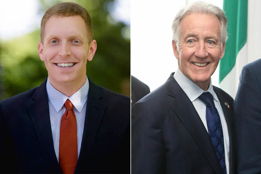 Holyoke Mayor Alex Morse, left, will challenge Rep. Richard Neal in the Democratic primary. (Courtesy Alex Morse for Congress; Niall Carson/PA via AP)