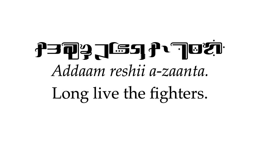 Two lines of an example of a phrase from a made-up language that translates to "long live the fighters."