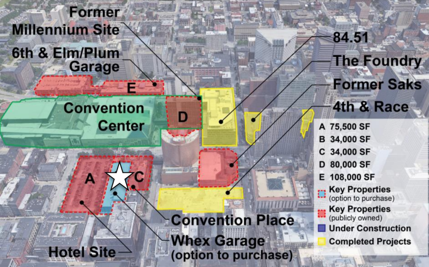 Map of sites associated with a future "convention center district" in Cincinnati.