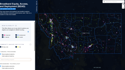 This map shows all broadband serviceable locations within Montana as of June 23, 2024, colored by performance rank. Red = Unserved; Blue = Underserved; Gray = Served; Green = Funded.