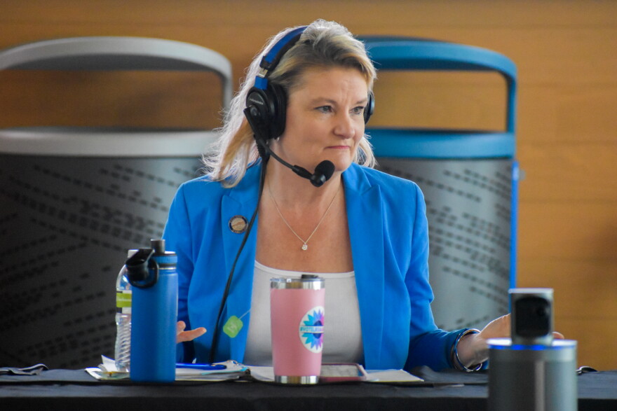 Kansas Governor candidate Cindy Holscher (D) speaks during a debate on KCUR's Up To Date on June 11, 2026.