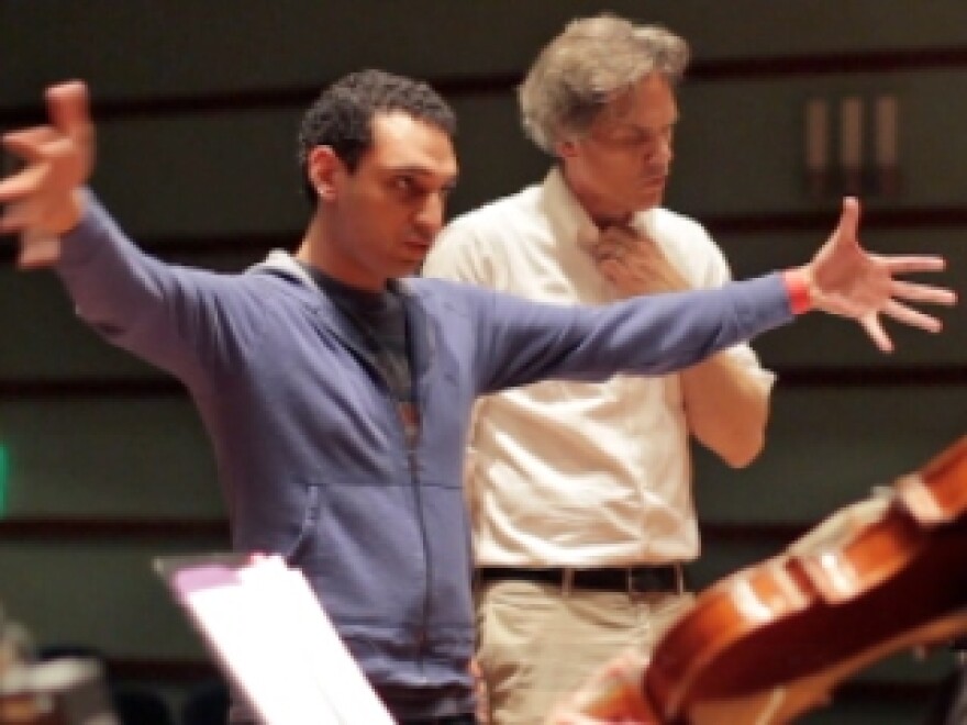 Composer Mohammed Fairouz, working with musicians at Grinnell College.