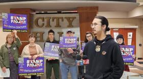 Tonawanda Seneca spokesperson Grandell Hallett Logan, Snipe Clan, front, voices his concern with a new data center planned for Western New York Science & Technology Advanced Manufacturing Park.