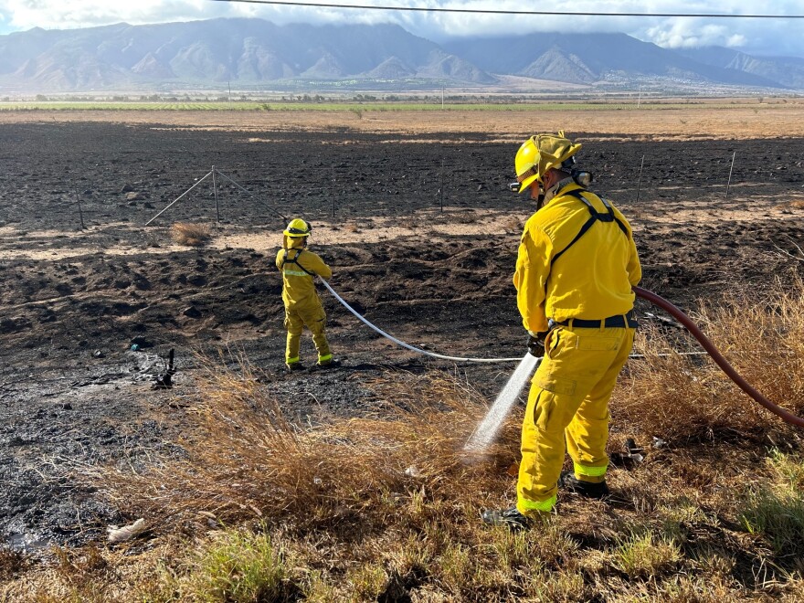 Firefighters hose down burned area on Veterans Highway on Nov. 13, 2023.