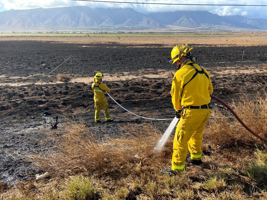 Firefighters hose down burned area on Veterans Highway on Nov. 13, 2023.