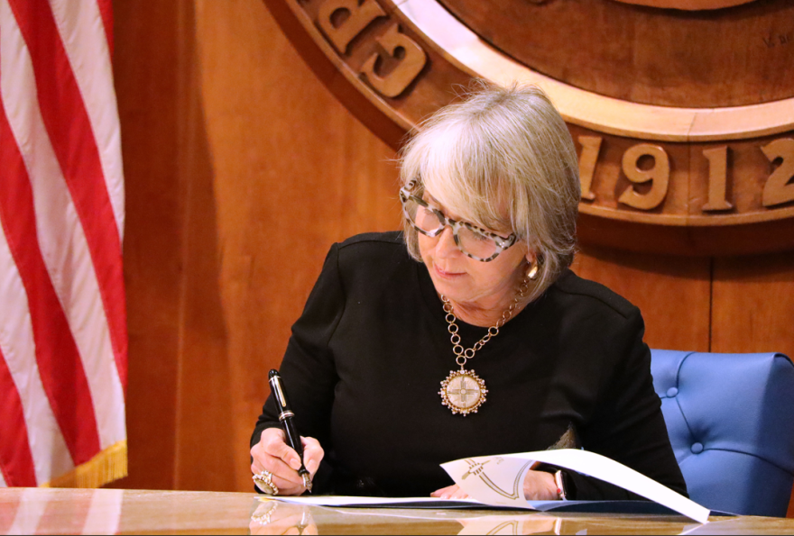 New Mexico Gov. Michelle Lujan Grisham on Oct. 3, 2025 signed four out of five of the bills passed in the New Mexico Legislature’s special session, but was still ‘deliberating’ on the vaccine bill, which did not garner enough votes to include an emergency clause. (Courtesy Gov. Michelle Lujan Grisham’s office)
