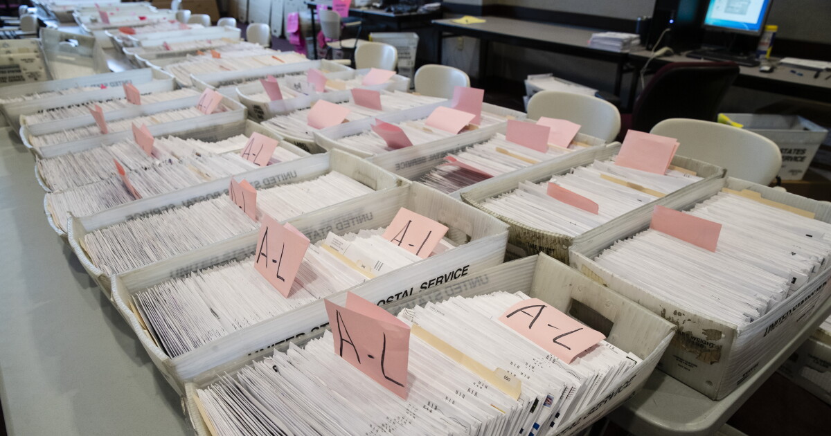 Mail-in ballots at a Pennsylvania elections office.