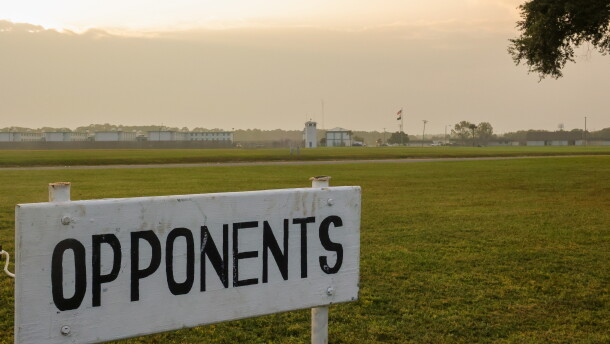 A sign dictates where protestors were allowed as Micheal Zack III is executed by lethal injection at Florida State Prison in Starke Oct. 3, 2023. (Gabriel Velasquez Neira/WUFT News)