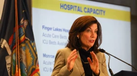 Gov. Kathy Hochul gives a COVID-19 briefing on Monday, Jan. 3, 2022, in downtown Rochester.(Max Schulte/ WXXI News)