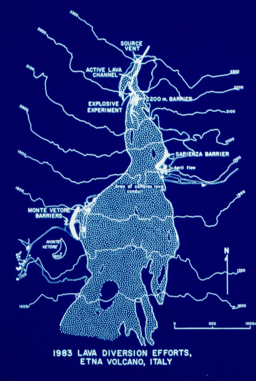 Both explosives and man-made barriers were used to divert the lava flows from Mount Etna. The $2 million lava diversion project proved successful.