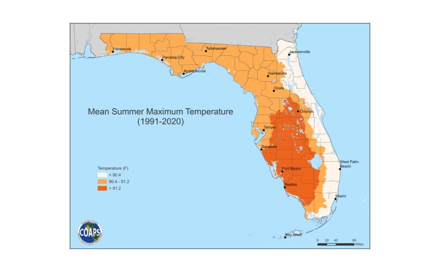 Map of Florida's average summer temperature.